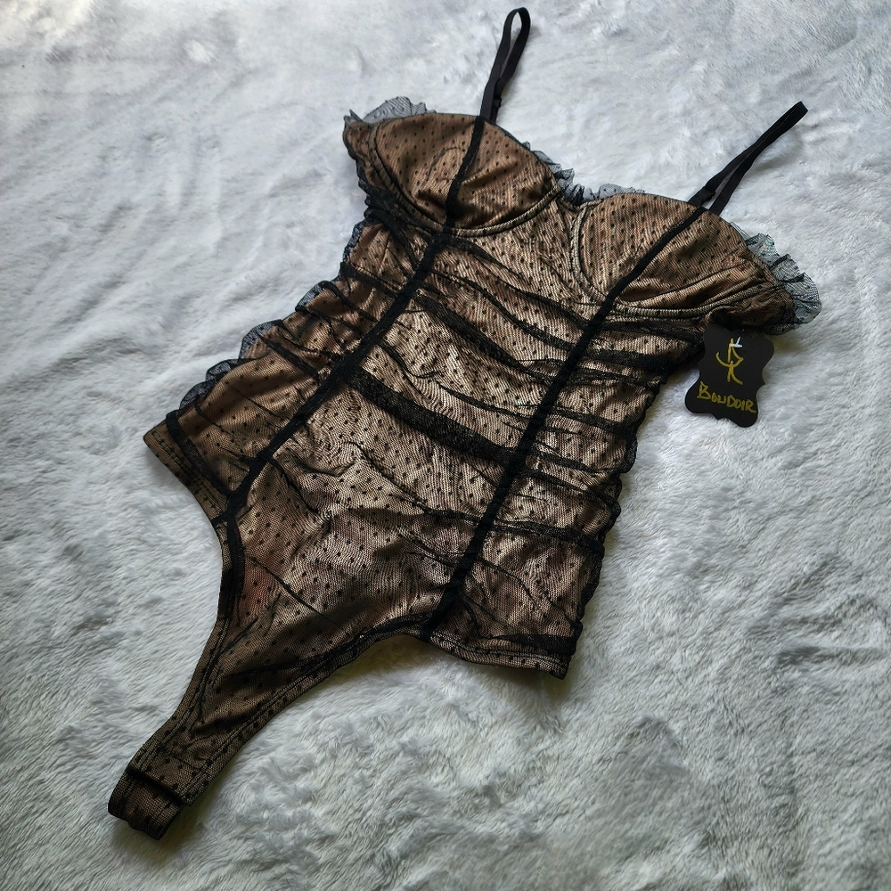 RABBIT ROSE MESH POLKA DOT RUFFLE TRIM BODY SUIT